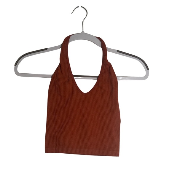 Rust Halter Neck Ribbed Crop Top - Picture 2 of 2